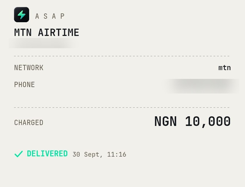 ASAP receipt for an MTN airtime top-up, delivered instantly