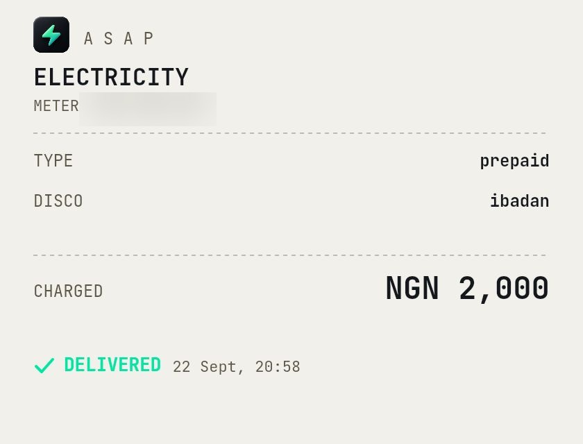 ASAP receipt for a prepaid electricity purchase, delivered to Ibadan disco